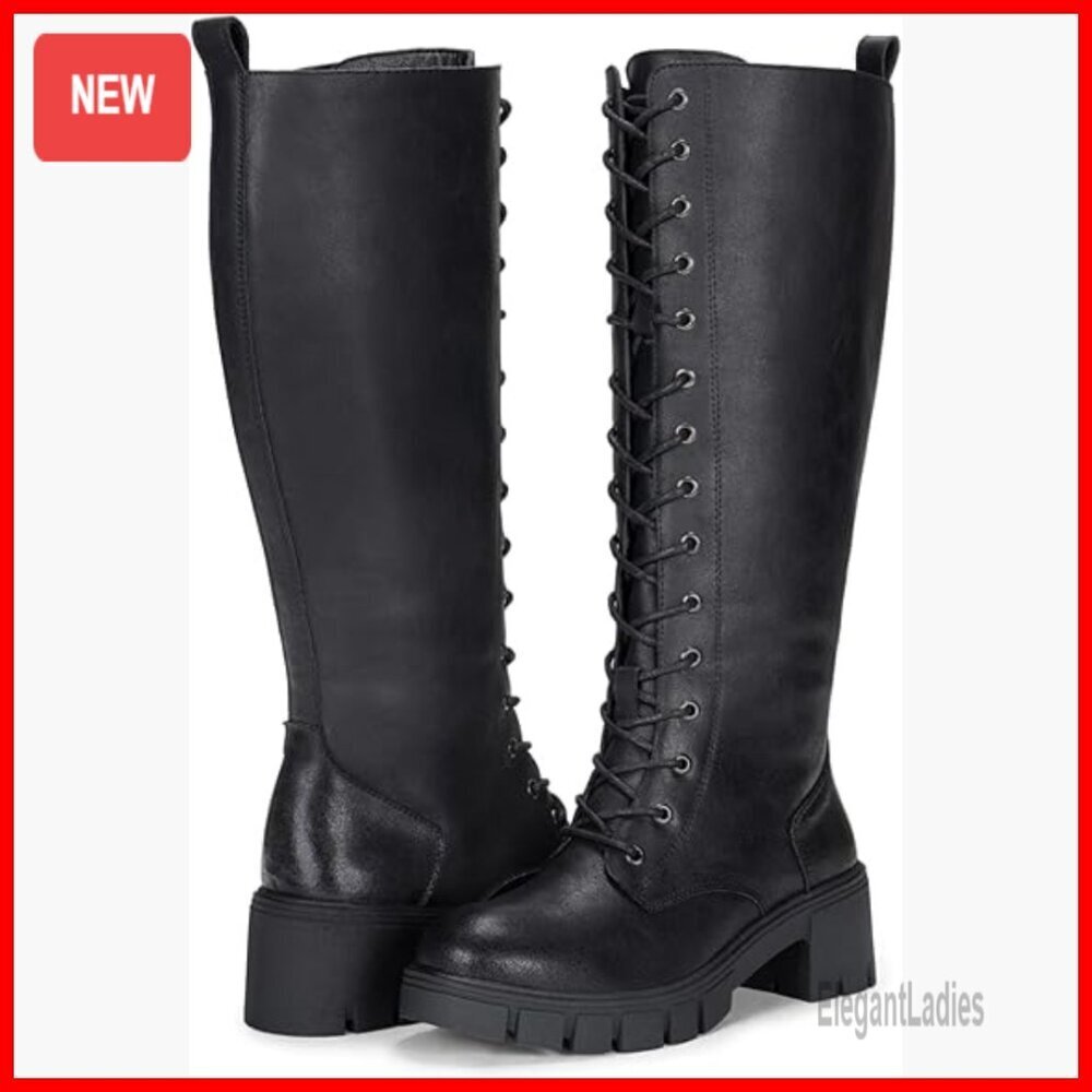 Women's Knee High Combat Boots Platform Heel Lace Up Waterproof Winter